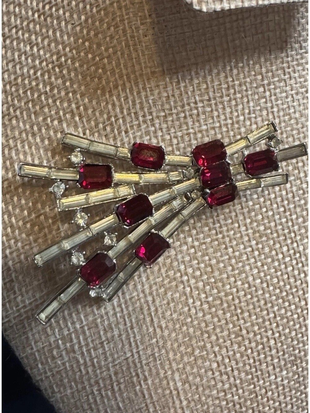 Vintage TRIFARI Red Rhinestone Baguette Brooch Signed Geometric Spray Pin